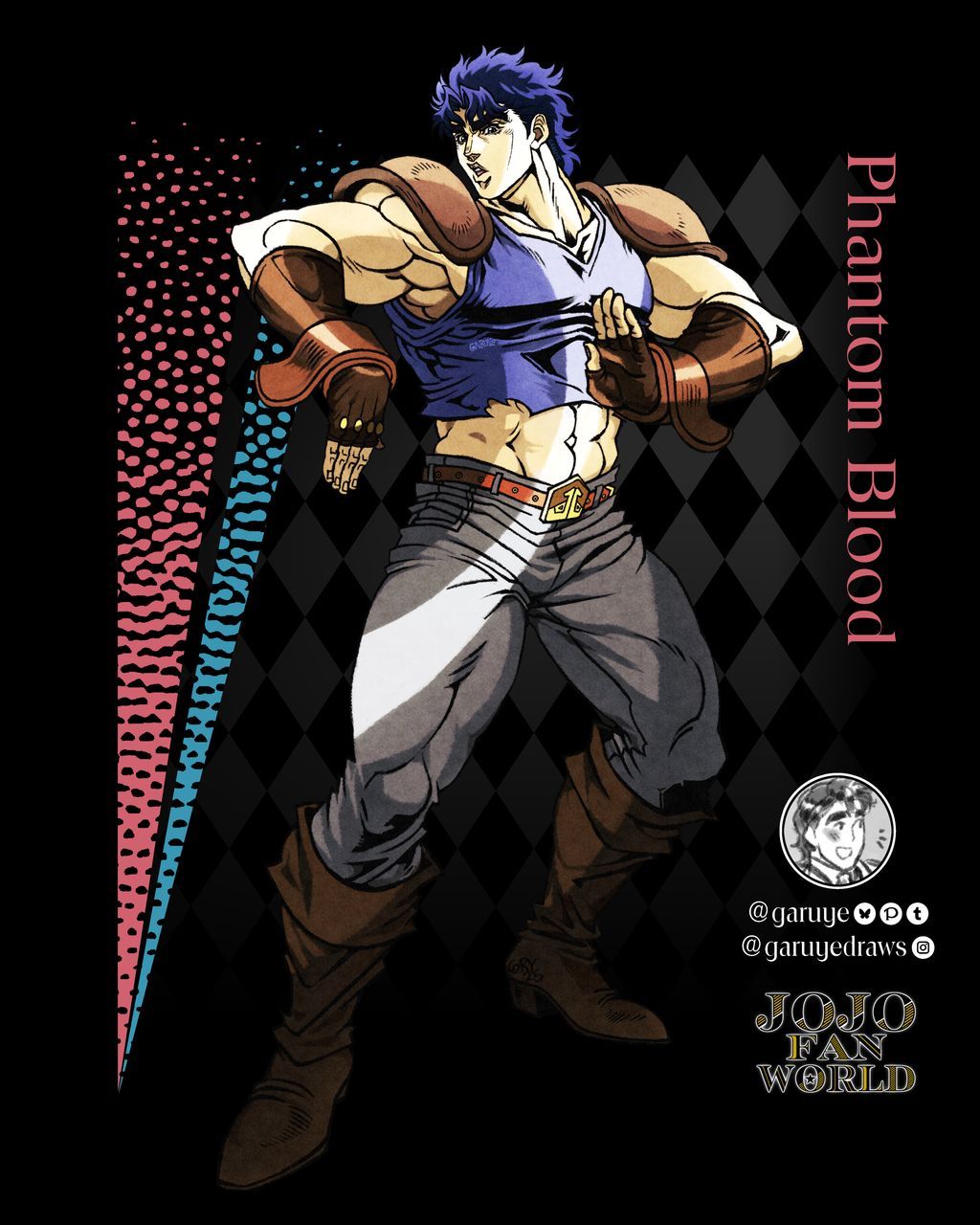1boy, abs, anime_coloring, araki_hirohiko_(style), argyle_background, armor, belt, blue_hair, blue_shirt, boots, brown_belt, brown_gloves, copyright_name, english_commentary, fighting_stance, fingerless_gloves, garuye, gloves, grey_pants, highres, jojo_no_kimyou_na_bouken, jonathan_joestar, male_focus, manly, midriff, muscular, muscular_male, official_style, pants, pauldrons, phantom_blood, second-party_source, shirt, shoulder_armor, shoulder_pads, solo, standing, torn_clothes, torn_shirt