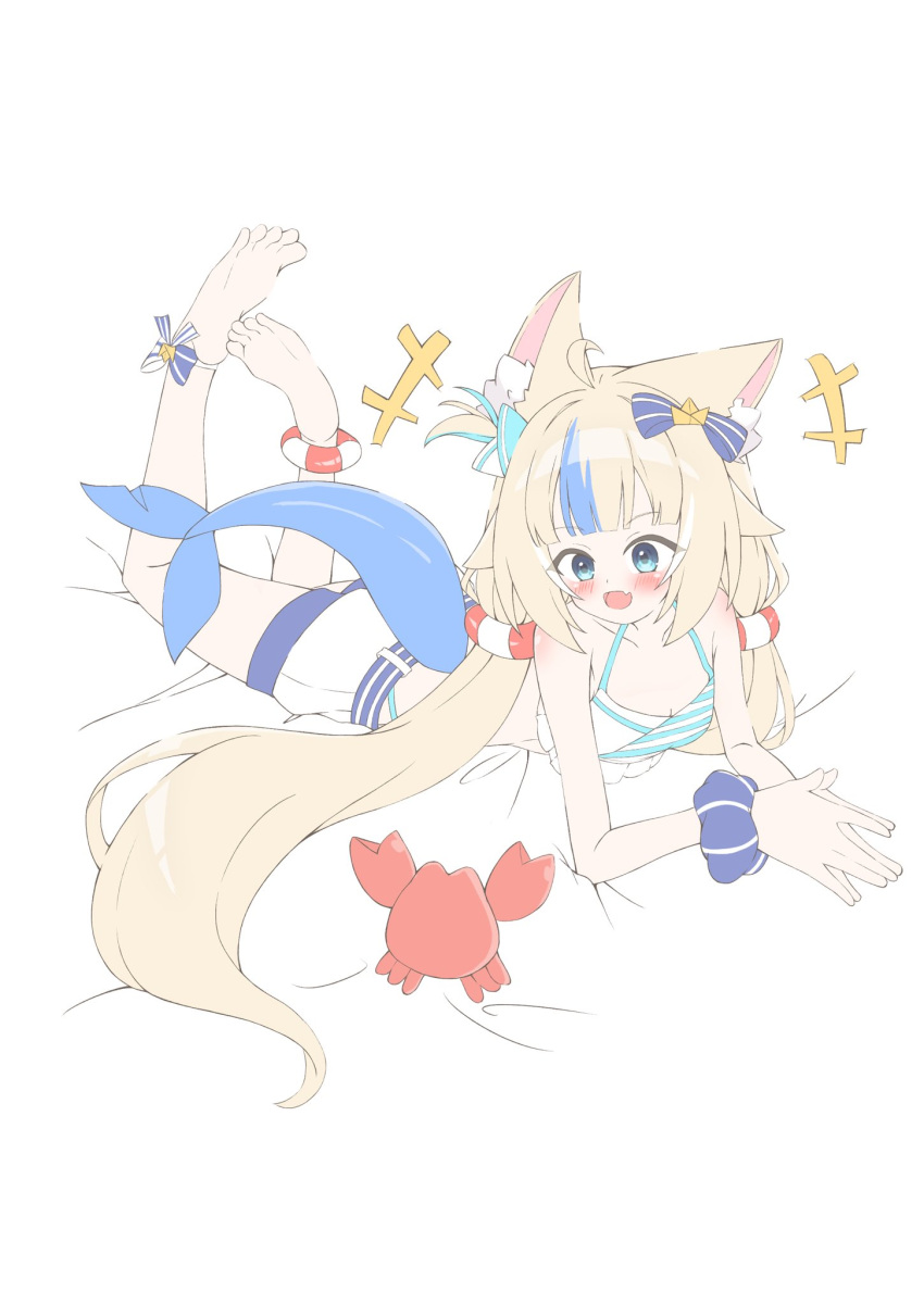 1girl, :d, ahoge, animal_ear_fluff, animal_ears, barefoot, belt, blonde_hair