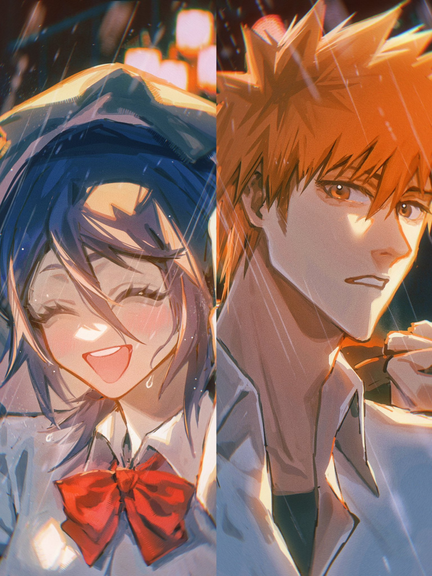 1boy, 1girl, black_hair, bleach, bow, bowtie, closed_eyes, collared_shirt
