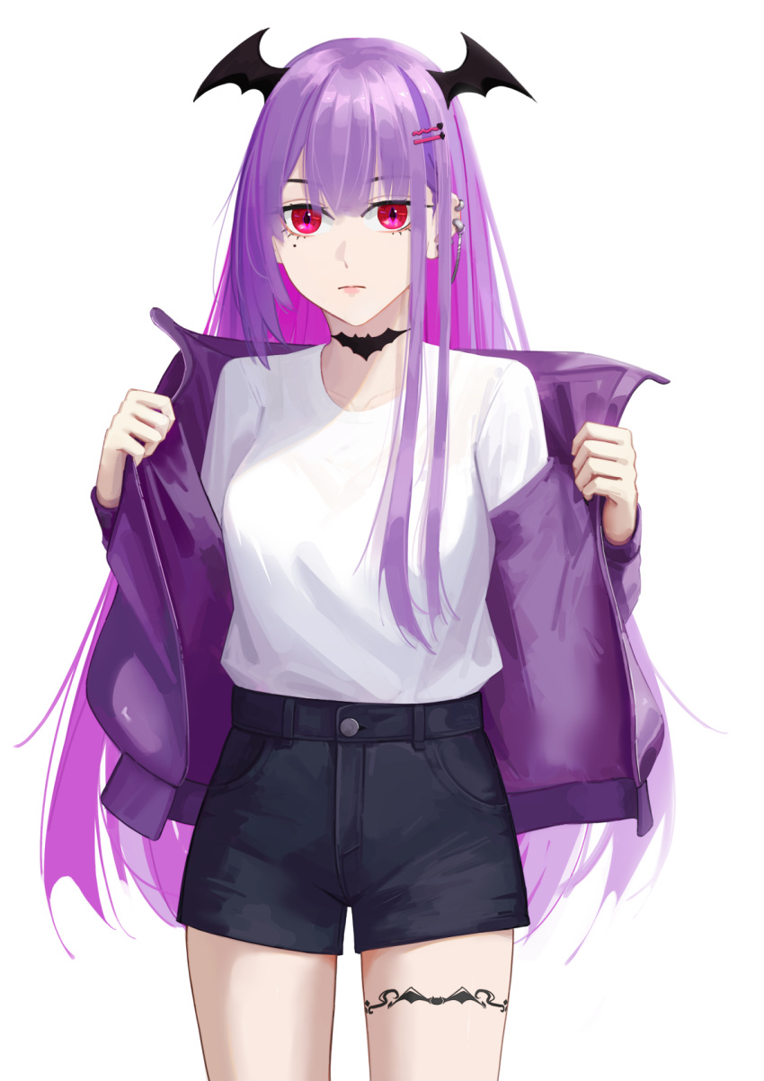 1girl, black_shorts, black_wings, breasts, casual, closed_mouth, collarbone, commentary
