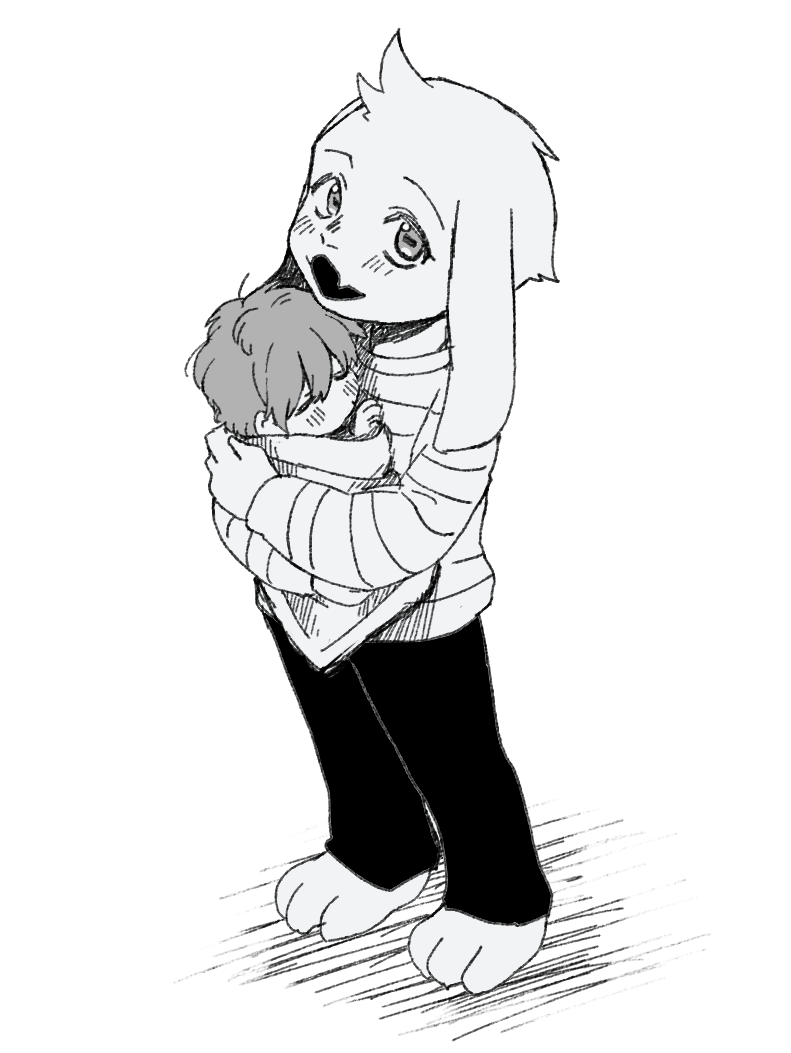 1boy, 1other, adoptive_siblings, animal_ears, asriel_dreemurr, baby, baby_carry, blush