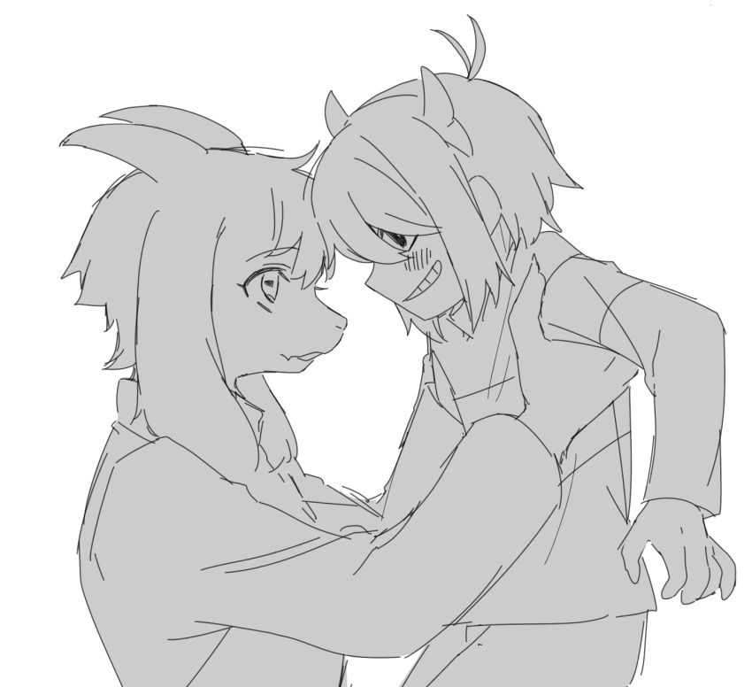 1boy, 1other, adoptive_siblings, androgynous, animal_ears, asriel_dreemurr, blush, child