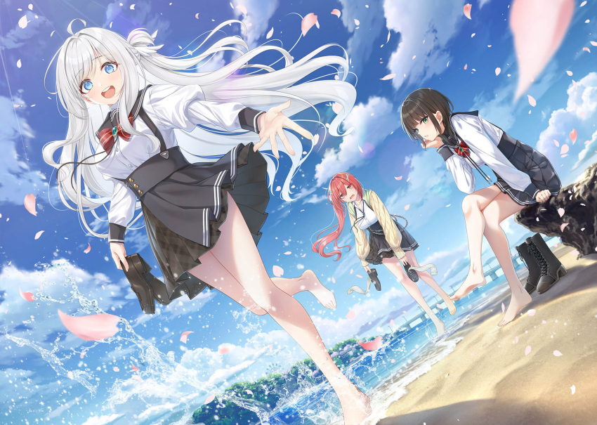 3girls, ahoge, barefoot, beach, black_hair, black_shoes, black_skirt, blue_eyes