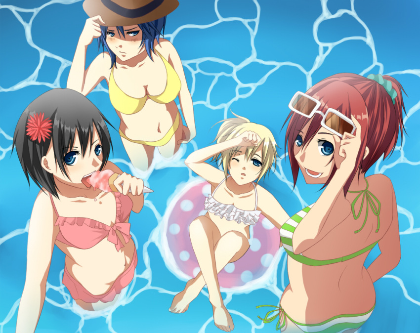 4girls, aqua_(kingdom_hearts), bikini, black_hair, blonde_hair, blue_eyes, blue_hair, food, hat, ice_cream, innertube, kairi, kingdom_hearts, kingdom_hearts_358/2_days, kingdom_hearts_birth_by_sleep, multiple_girls, namine, ponytail, red_hair, redhead, short_hair, sunglasses, swimsuit, wamai, water, xion, xion_(kingdom_hearts)