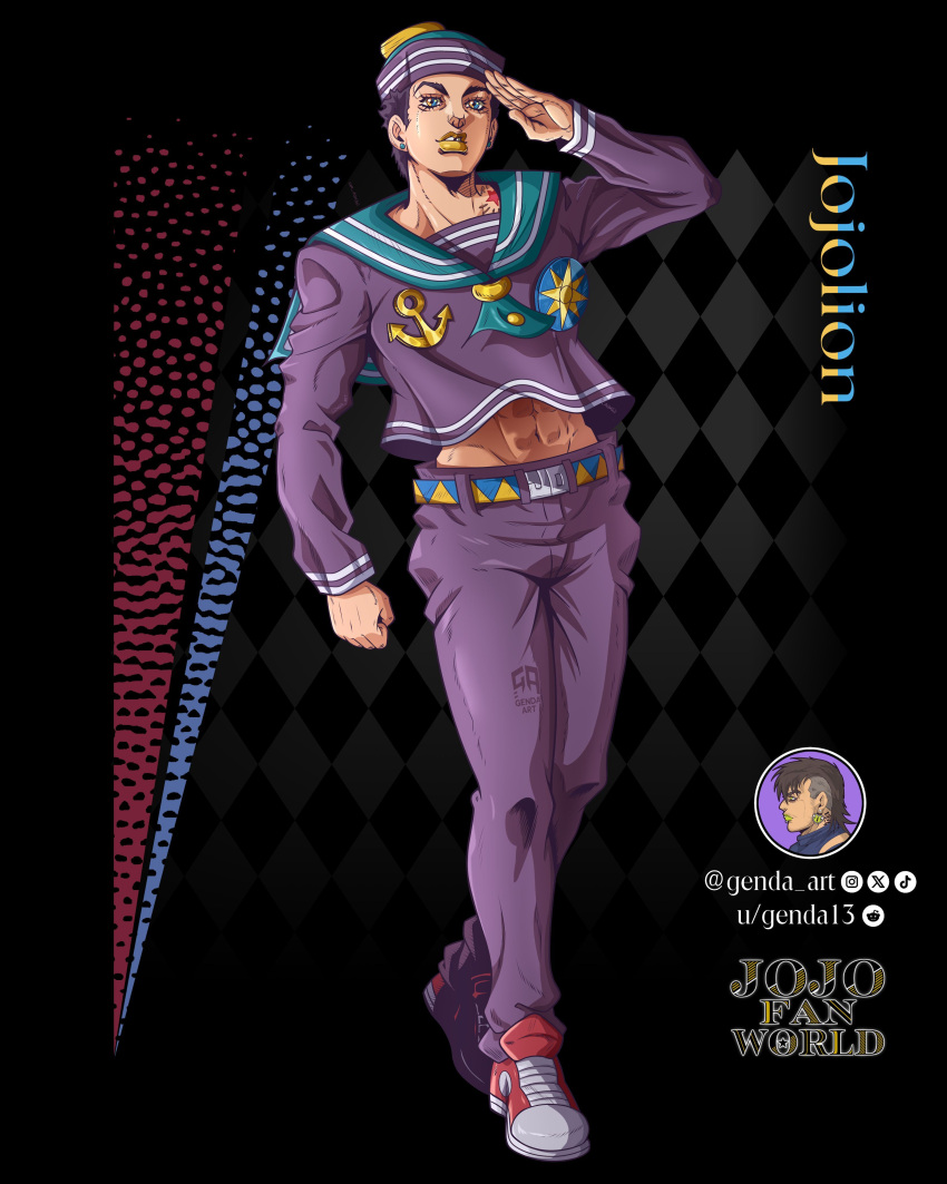 1boy, abs, absurdres, anchor_ornament, anime_coloring, araki_hirohiko_(style), argyle_background, belt, belt_buckle, birthmark, black_background, blue_belt, blue_eyes, blue_sailor_collar, buckle, compass_rose, copyright_name, dixie_cup_hat, earrings, english_commentary, full_body, genda_art, hat, higashikata_josuke_(jojolion), highres, instagram_username, jewelry, joestar_birthmark, jojo_no_kimyou_na_bouken, jojolion, long_sleeves, makeup, male_focus, midriff, military_hat, multicolored_eyes, navel, official_style, pants, purple_hair, purple_hat, purple_pants, purple_shirt, red_shoes, sailor, sailor_collar, sailor_hat, salute, shirt, shoes, sneakers, solo, stud_earrings, teeth, tooth_gap, twitter_username, two-tone_belt, two-tone_eyes, yellow_belt, yellow_lips