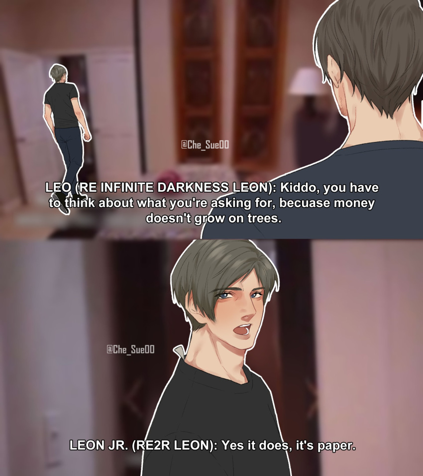 2boys, black_shirt, blue_eyes, blue_shirt, brown_hair, che_sue00, dual_persona, english_text