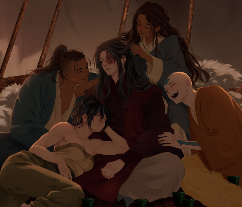 2girls, 3boys, aang, arm_on_another's_shoulder, arm_tattoo, arrow_(symbol), arrow_tattoo, avatar:_aang_the_last_airbender