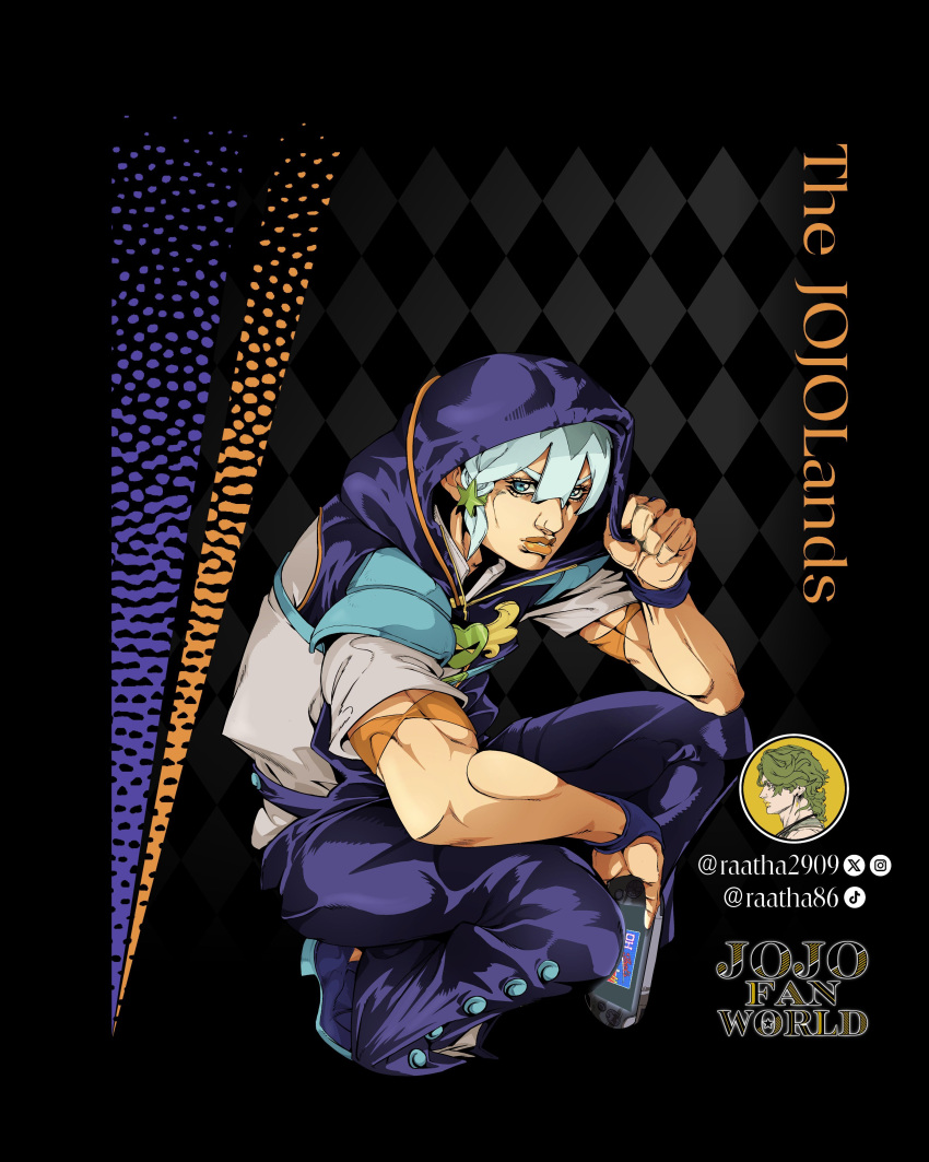 1boy, absurdres, anime_coloring, araki_hirohiko_(style), argyle_background, armband, artist_name, black_background