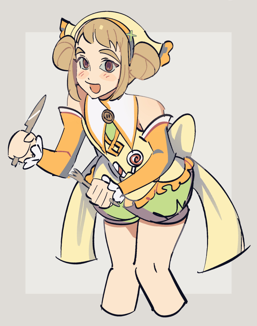 1girl, :d, bare_shoulders, blush_stickers, brown_eyes, brown_hair, chocolat_(rune_factory), detached_sleeves