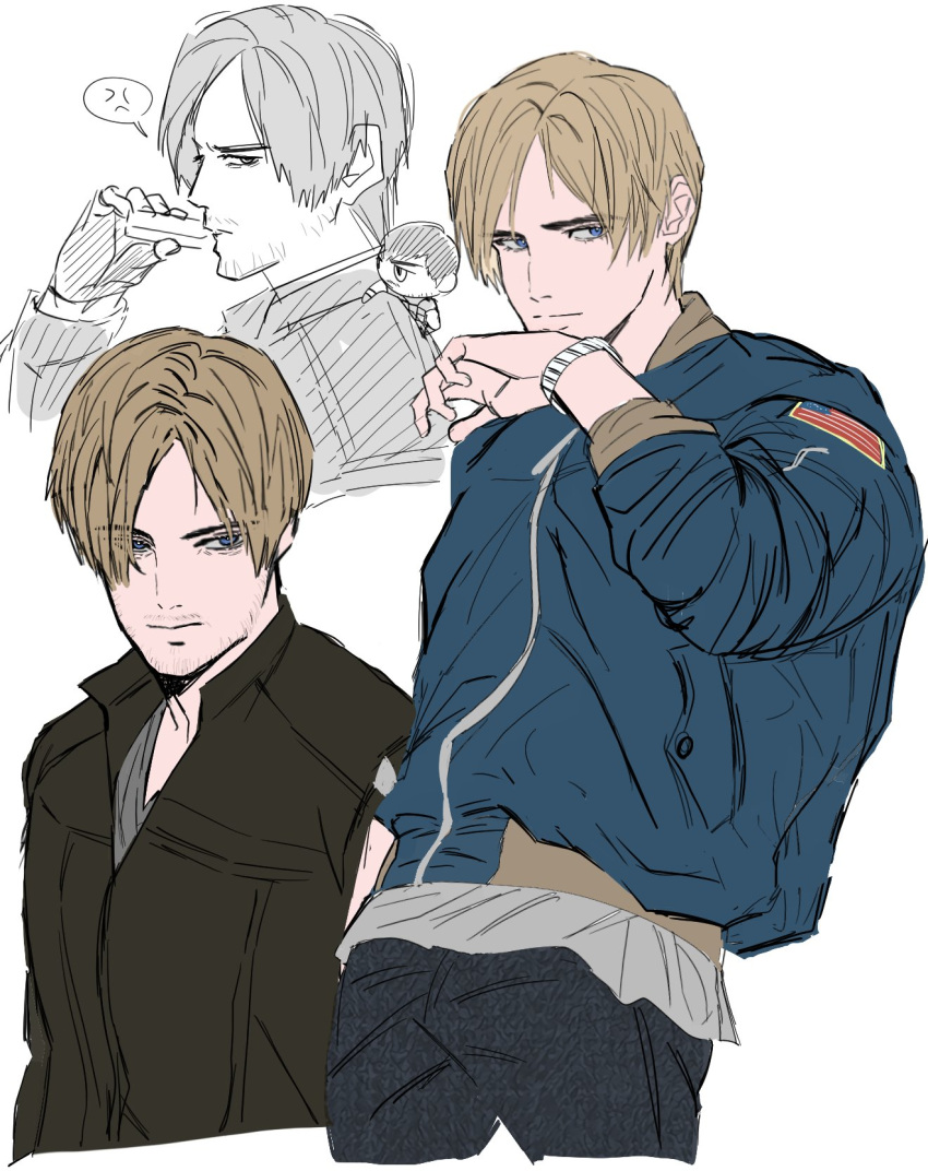 2boys, blonde_hair, blue_eyes, blue_jacket, bowi4_0808, chris_redfield, highres, jacket