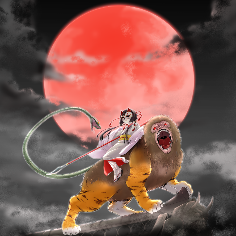 1girl, black_hair, center-flap_bangs, clouds, commentary, covered_eyes, fox_mask, full_body