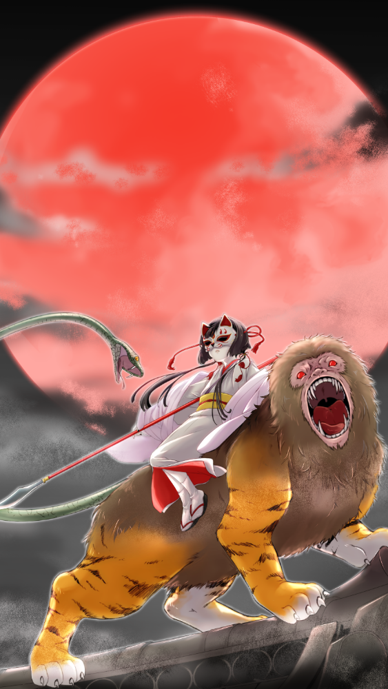 1girl, black_hair, center-flap_bangs, clouds, covered_eyes, fox_mask, full_body, full_moon