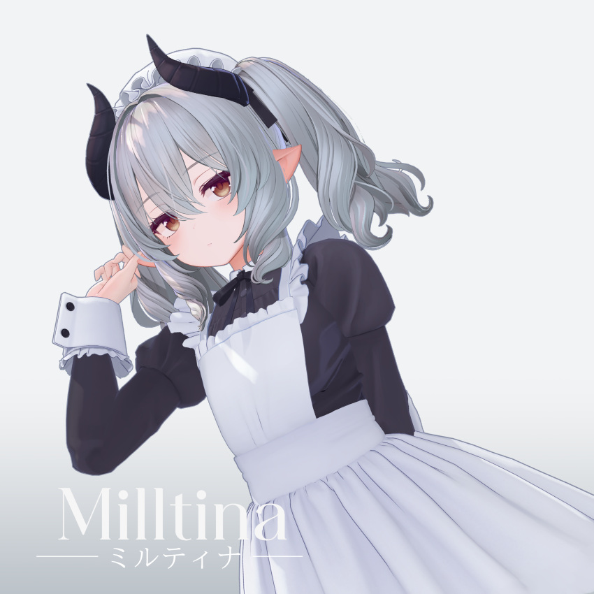 1girl, 3d, absurdres, apron, black_bow, black_dress, bow, breasts, brown_hair, dolos, dress, flat_chest, flower, grey_hair, highres, horns, looking_at_viewer, maid, maid_apron, maid_headdress, milltina_(vrchat), open_mouth, pointy_ears, solo, twintails, vrchat, white_background