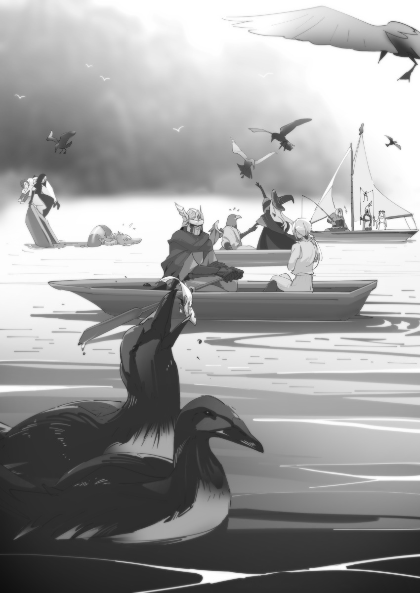 4girls, 6+boys, absurdres, attack_azarashi, bird, boat, commentary_request, duchess_(elden_ring)