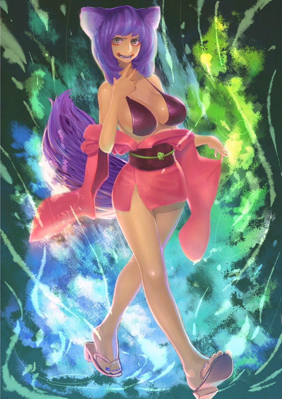 bare_shoulders, bikini_top, breasts, facial_mark, fangs, highres, japanese_clothes, kimono