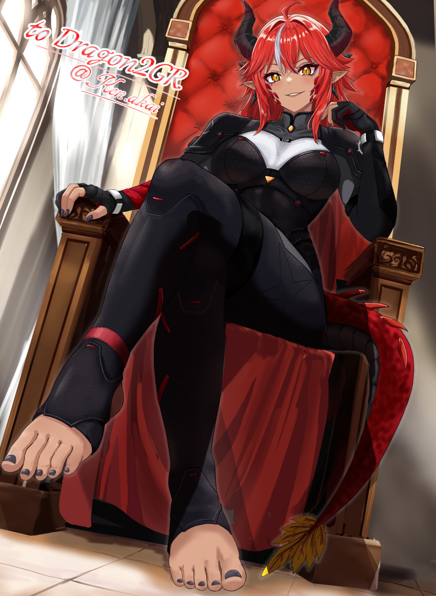 1girl, absurdres, ahoge, barefoot, black_bodysuit, black_nails, bodysuit, breasts