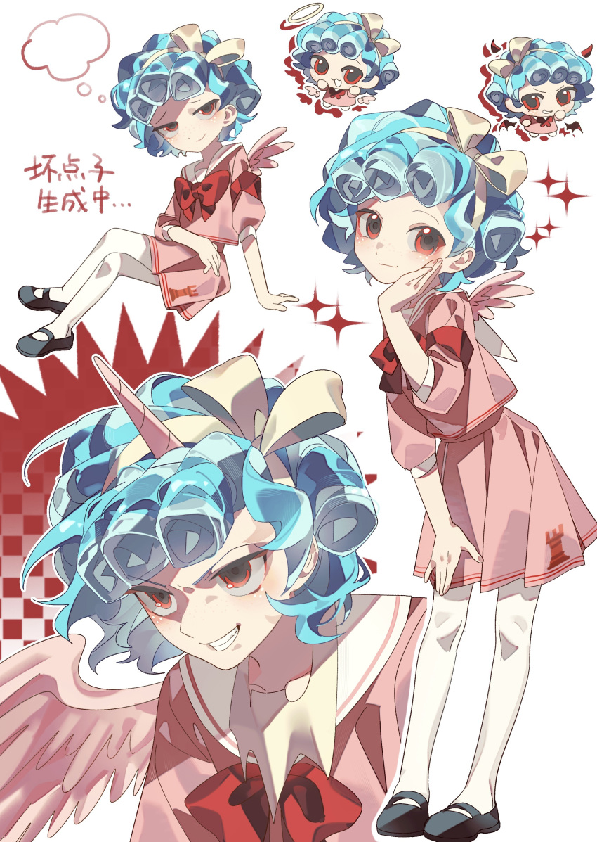 1girl, absurdres, animification, armband, black_shoes, blue_hair, bow, bowtie