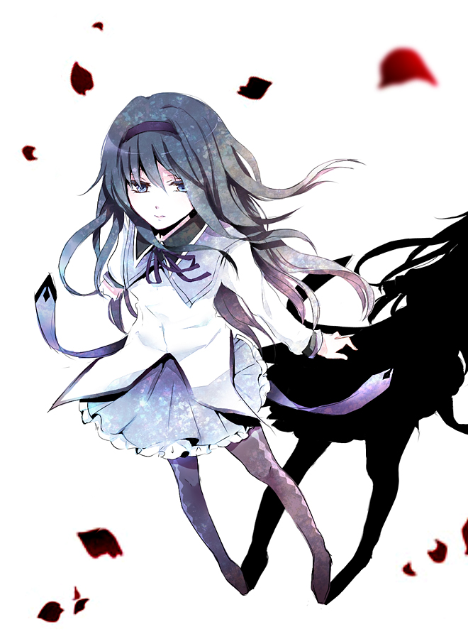 akemi_homura, from_above, hairband, long_hair, mahou_shoujo_madoka_magica, pantyhose, petals, shadow