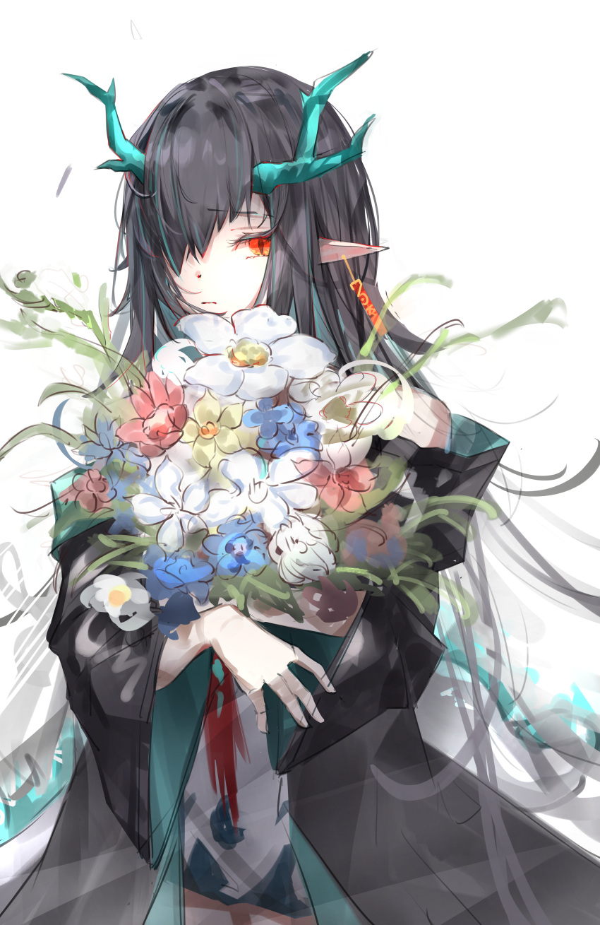 1girl, absurdres, arknights, bare_shoulders, black_coat, black_hair, blue_flower, bouquet