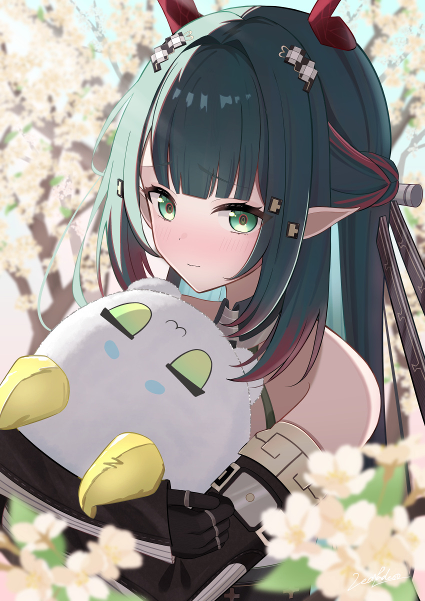1girl, absurdres, arknights, arknights:_endfield, bare_shoulders, black_sleeves, blush, closed_mouth, commentary, detached_sleeves, dragon_bean_(arknights), flower, green_eyes, green_hair, hair_ornament, highres, holding, horns, jewelry, leo25_k, long_hair, looking_at_viewer, multicolored_hair, multiple_rings, pointy_ears, red_hair, red_horns, ring, shy, sleeves_past_wrists, solo, streaked_hair, upper_body, white_flower, zhuang_fangyi_(arknights)