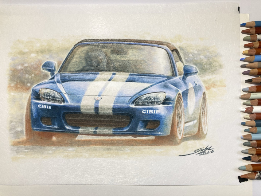 art_tools_in_frame, blue_car, car, colored_pencil, colored_pencil_(medium), commentary_request, dated, highres