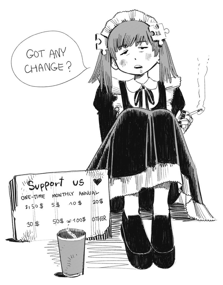 1girl, absurdres, black_dress, black_nails, cigarette, dress, english_text, exhausted, heidi_(heytherenrds), highres, holding, holding_cigarette, monochrome, open_mouth, panhandling, sitting, smoking, solo, white_headdress, wikipe-tan, wikipedia