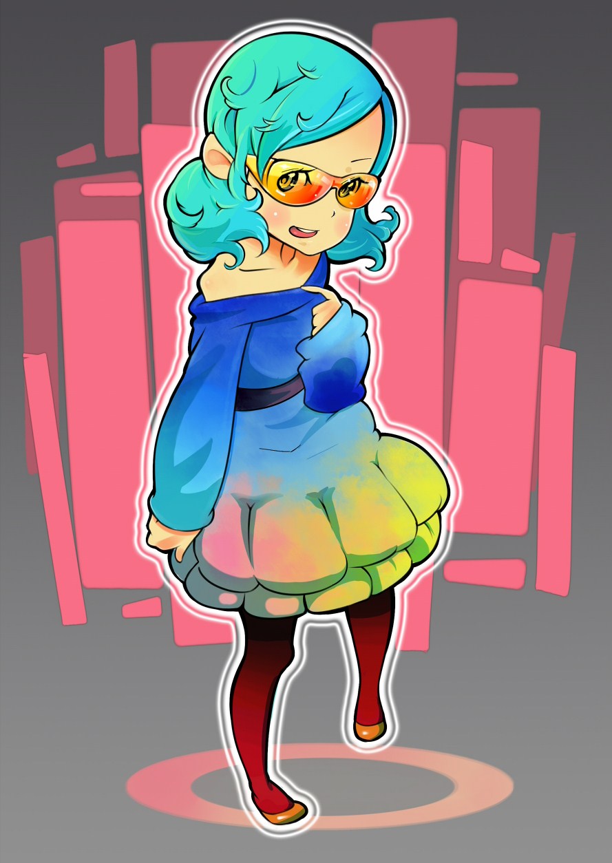 bad_id, black_legwear, collarbone, dress, glasses, highres, long_sleeves, off_shoulder