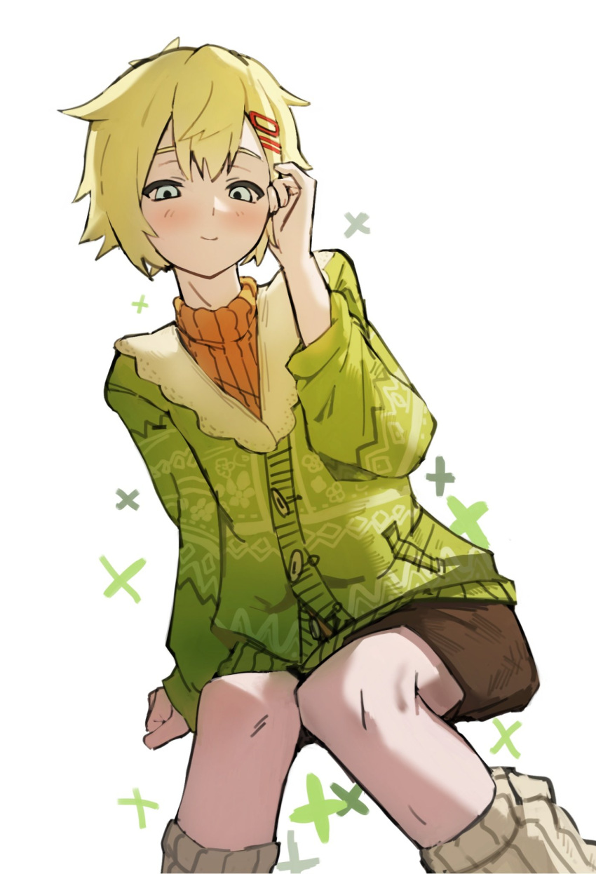 1boy, alternate_costume, alternate_hairstyle, antenna_hair, basil_(faraway)_(omori), basil_(omori), blonde_hair, blue_eyes, blush, brown_shorts, cardigan, closed_mouth, green_cardigan, hair_ornament, hairclip, highres, long_sleeves, looking_at_viewer, male_focus, omore47858045, omori, orange_sweater, parallel_hairclips, ribbed_sweater, short_hair, shorts, simple_background, single_sidelock, smile, solo, sweater, turtleneck, turtleneck_sweater, white_background