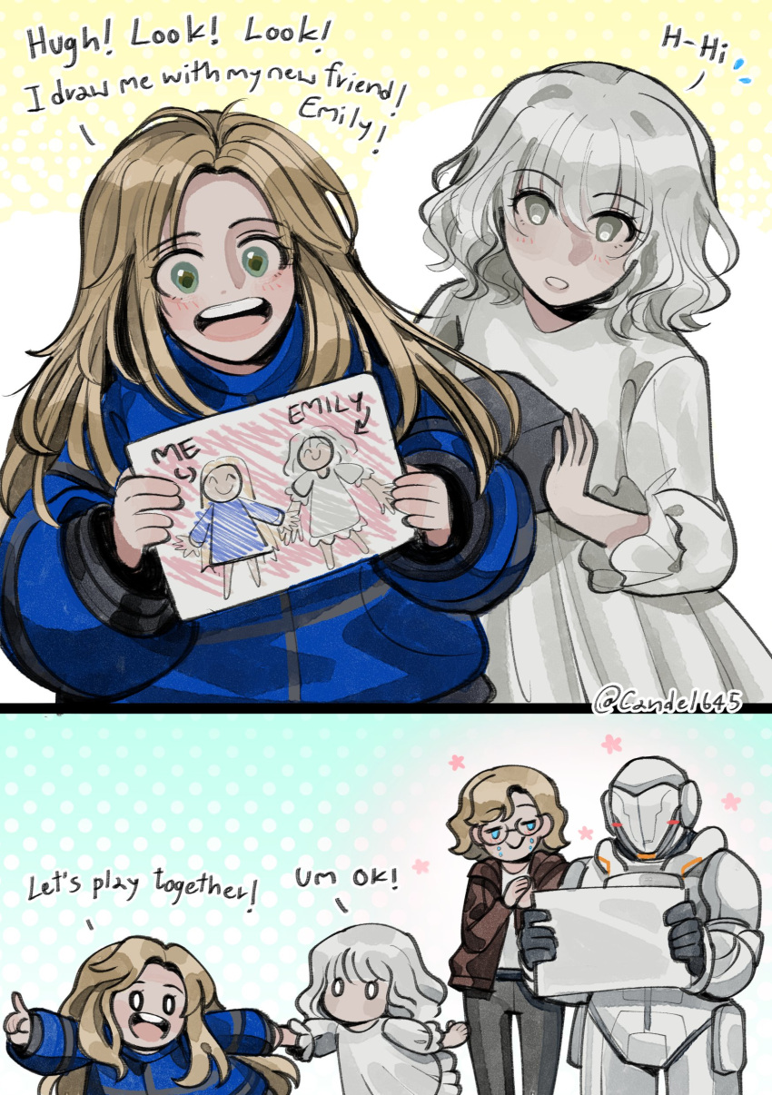 1other, 3girls, absurdres, blind, blind_eye, blue_coat, candel645, cataracts, child, coat, crayon_drawing, diana_(pragmata), emily_(resident_evil), grace_ashcroft, highres, hope_(armor), hugh_williams, meme, multiple_girls, padded_coat, pragmata, puffy_coat, resident_evil, resident_evil_requiem, uohhhhhhhhh!_(meme)