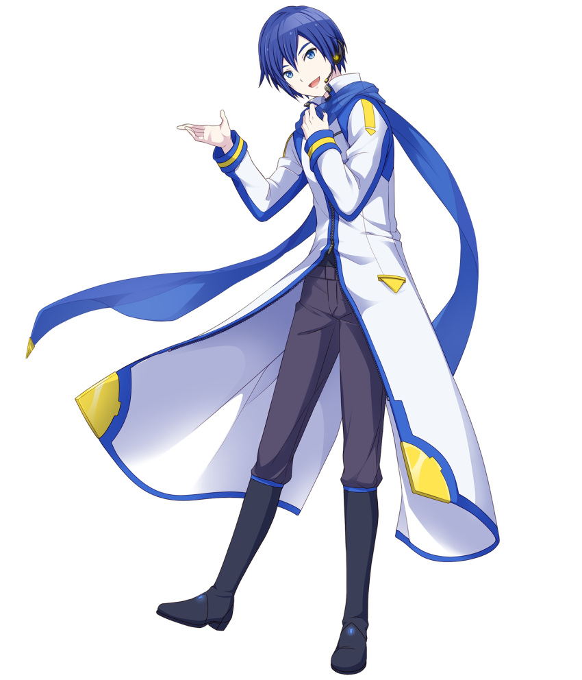 1boy, :d, black_boots, blue_eyes, blue_hair, blue_nails, blue_scarf, blue_trim