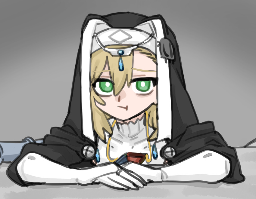 1girl, :t, alistair_lean, alistair_lean_(cosplay), asymmetrical_bangs, black_capelet, blonde_hair, capelet