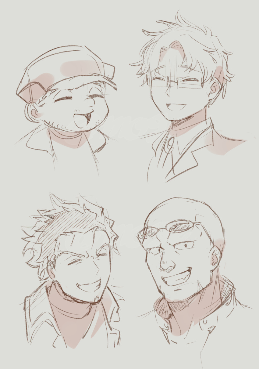 4boys, bald, beard_stubble, closed_eyes, commentary_request, eyewear_on_head, facial_hair, glasses
