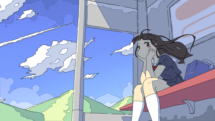 1girl, bag, black_hair, black_skirt, blue_bag, blue_sky, blush_stickers, bow