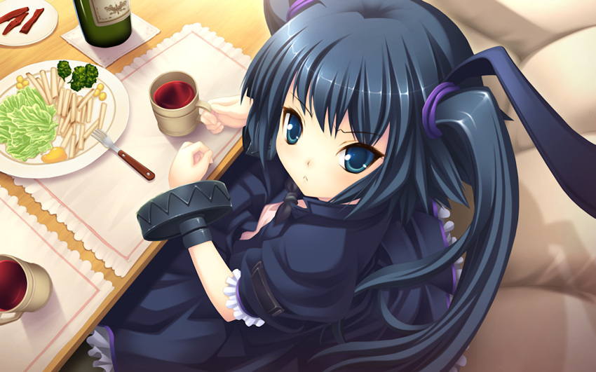 :<, black_hair, bracelet, food, fork, game_cg, mug, seirei_tenshou