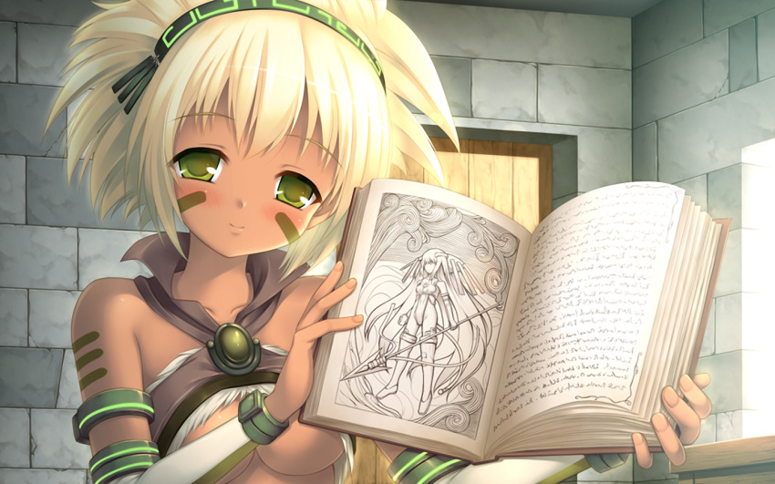 blush, book, face_paint, game_cg, hairband, seirei_tenshou, weapon