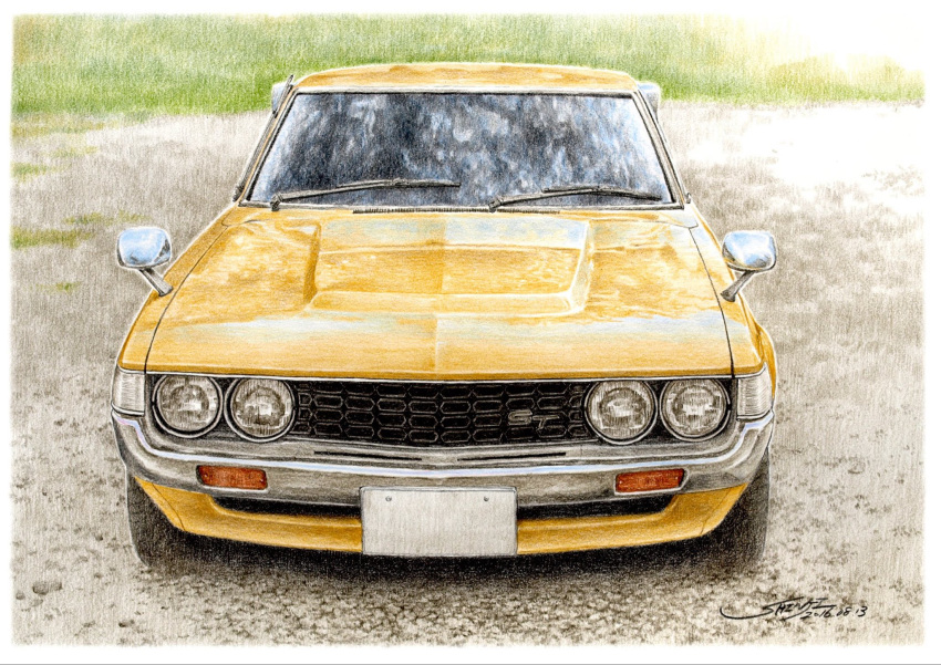 car, colored_pencil_(medium), commentary_request, dated, day, highres, motor_vehicle, muscle_car, no_humans, original, outdoors, shin_iroenpitsu, signature, toyota, toyota_celica, toyota_celica_a20, traditional_media, vehicle_focus, yellow_car