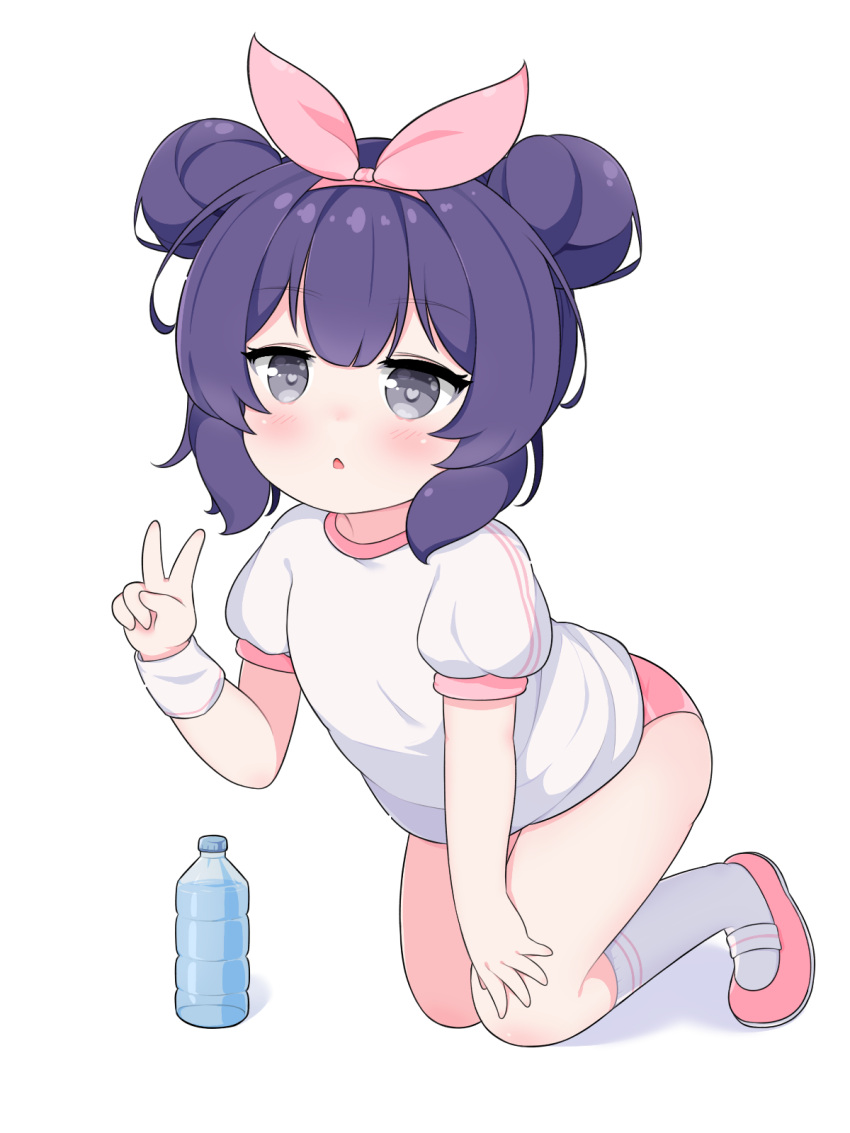 1girl, :o, blush, bottle, buruma, commentary_request, dhana_opini, double_bun, full_body, gym_shirt, gym_uniform, hair_bun, highres, kneehighs, kneeling, korean_commentary, red_buruma, ribbon, shirousagi_(user_erwx7425), shirt, shoes, short_sleeves, simple_background, socks, solo, soulworker, v, water_bottle, white_background, white_shirt, white_socks