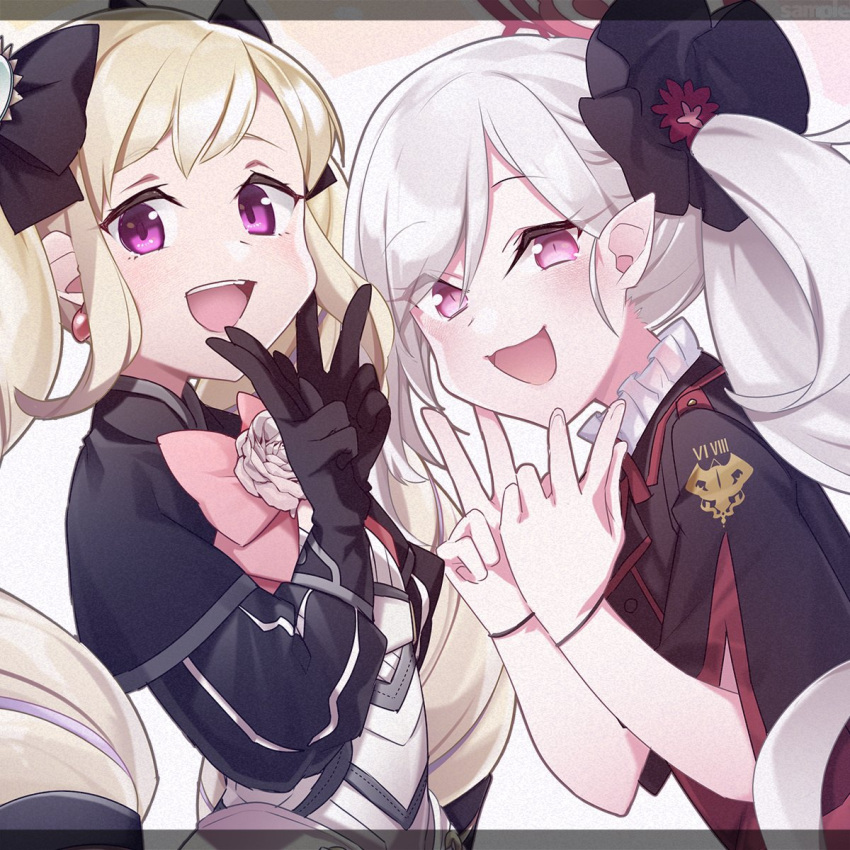 2girls, :d, blonde_hair, blue_archive, blush, bow, bowtie, commentary_request