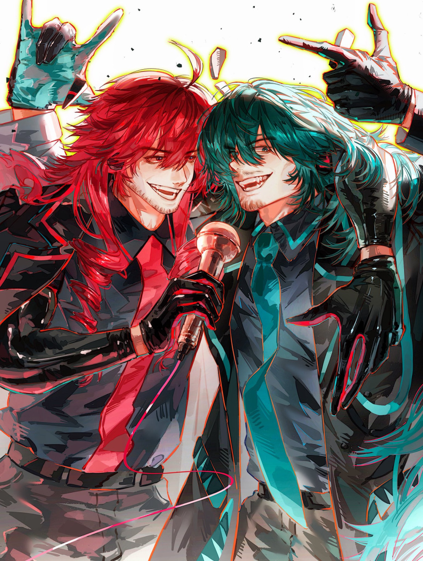 2boys, \m/, arm_around_shoulder, beard_stubble, belt, black_belt, black_coat, black_gloves, black_shirt, blue_eyes, blue_hair, blue_necktie, brown_pants, coat, collared_shirt, commentary_request, facial_hair, fangs, genderswap, genderswap_(ftm), gloves, goatee_stubble, grey_shirt, hatsune_miku, headset, highres, holding, holding_microphone, kasane_teto, l_hand, long_hair, looking_at_another, looking_at_viewer, madaolk, male_focus, mature_male, microphone, miku-oji, multiple_boys, mustache_stubble, necktie, open_clothes, open_coat, open_mouth, pants, red_eyes, red_hair, red_necktie, shirt, simple_background, smile, stubble, upper_body, utau, vocaloid, white_background