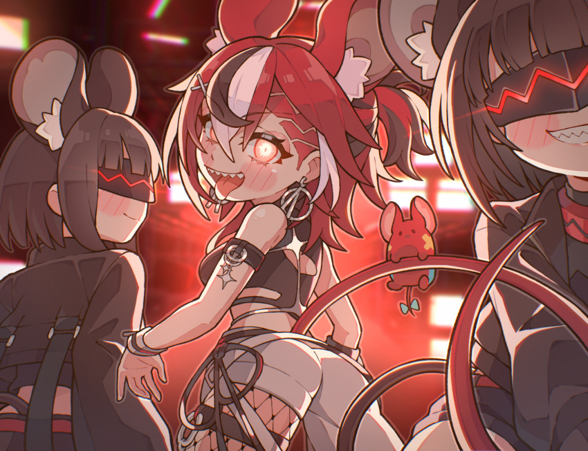 3girls, animal_ears, backup_dancer_(hakos_baelz), black_streaks, blindfold_mask, chibi, commentary, dice