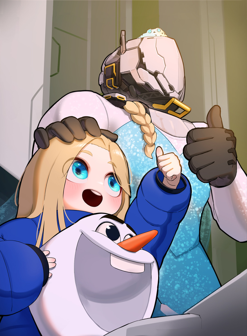 1boy, 1girl, :d, appleblossomtea, astronaut, blonde_hair, blue_dress, blue_eyes