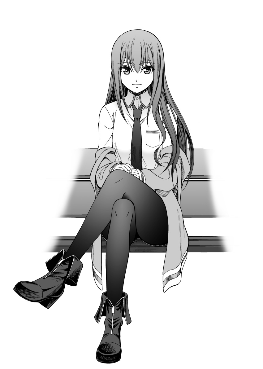 1girl, absurdres, bench, black_pantyhose, breast_pocket, clothes_pull, collared_shirt, commentary_request