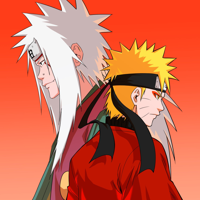 2boys, blonde_hair, bugak1109, commentary_request, facial_mark, forehead_protector, highres, jiraiya_(naruto)