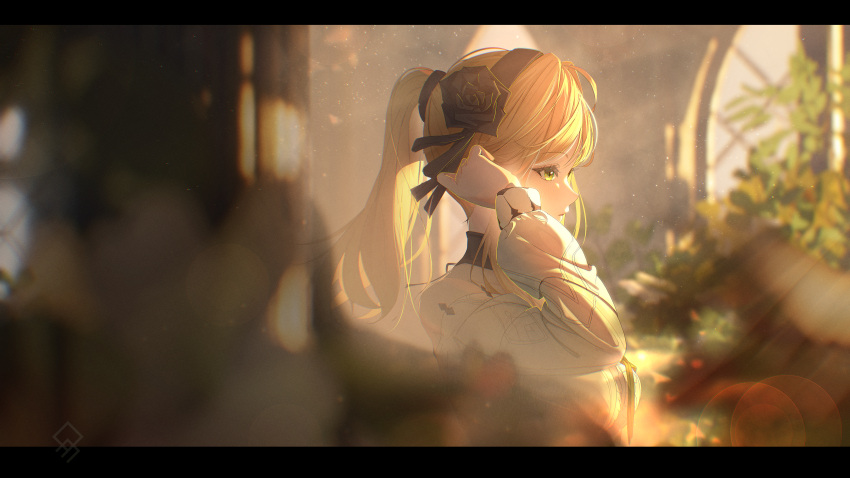 1girl, absurdres, arm_up, bare_shoulders, black_flower, black_rose, blonde_hair, blurry