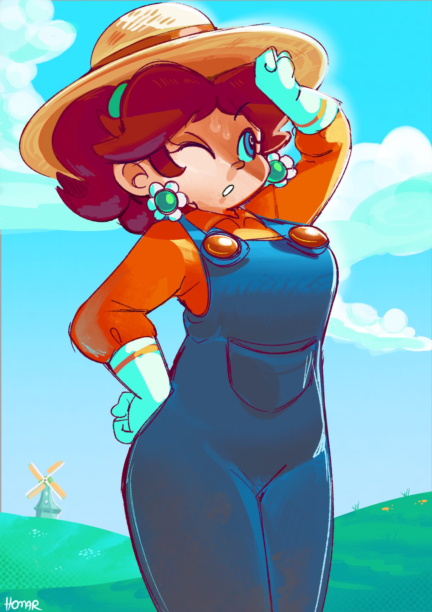 1girl, blue_eyes, blue_overalls, brown_hair, cowboy_shot, earrings, flower_earrings, gloves