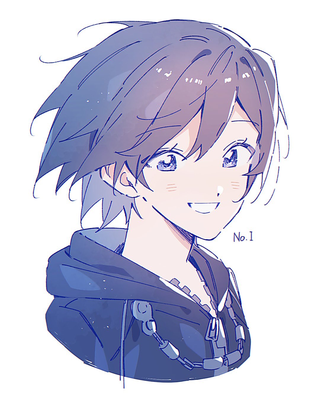 1girl, attakaimizu7619, black_coat, black_coat_(kingdom_hearts), black_hair, blue_eyes, blush, coat, floating_hair, grin, highres, hood, hood_down, hooded_coat, kingdom_hearts, kingdom_hearts_358/2_days, short_hair, simple_background, smile, solo, white_background, xion_(kingdom_hearts)