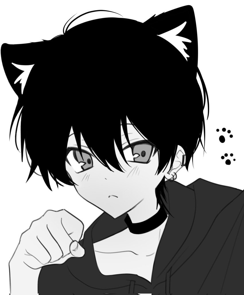 1boy, akanei6no_sora, animal_ear_fluff, animal_ears, black_choker, black_hoodie, blush, choker
