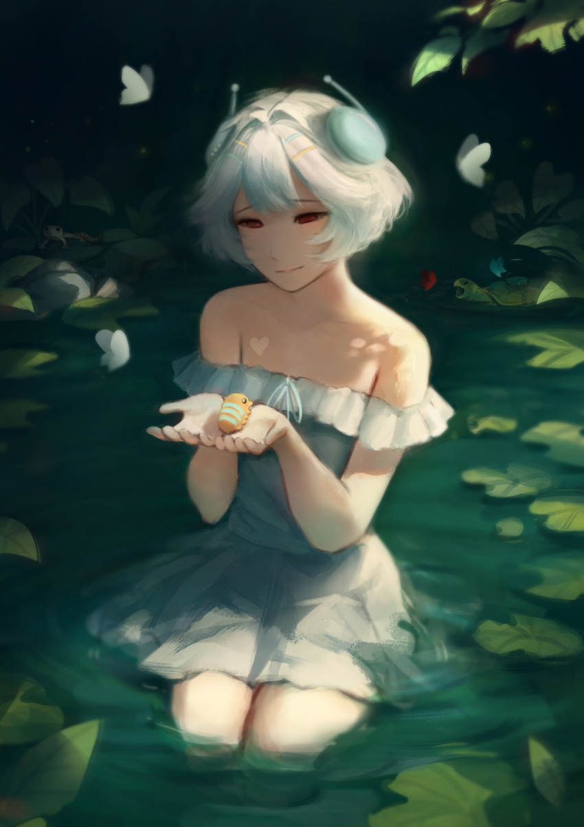 1girl, absurdres, antennae, blue_ribbon, bug, butterfly, closed_mouth, codebug_(ellie_minibot)
