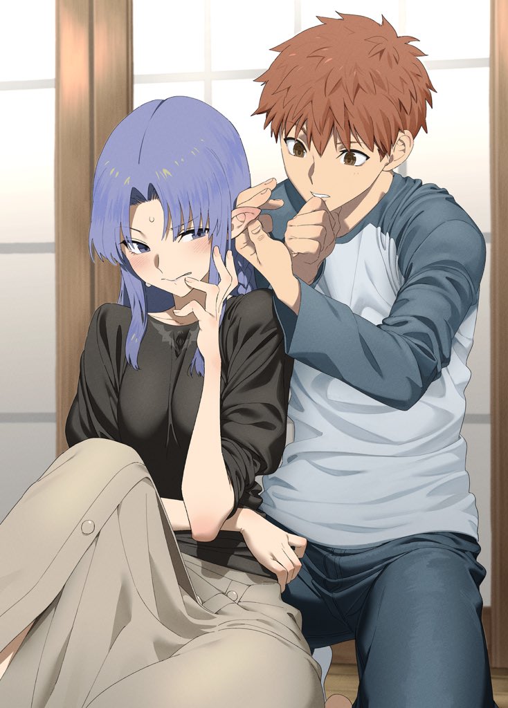 1boy, 1girl, blue_hair, commentary_request, dress, emiya_shirou, fate/hollow_ataraxia, fate/stay_night