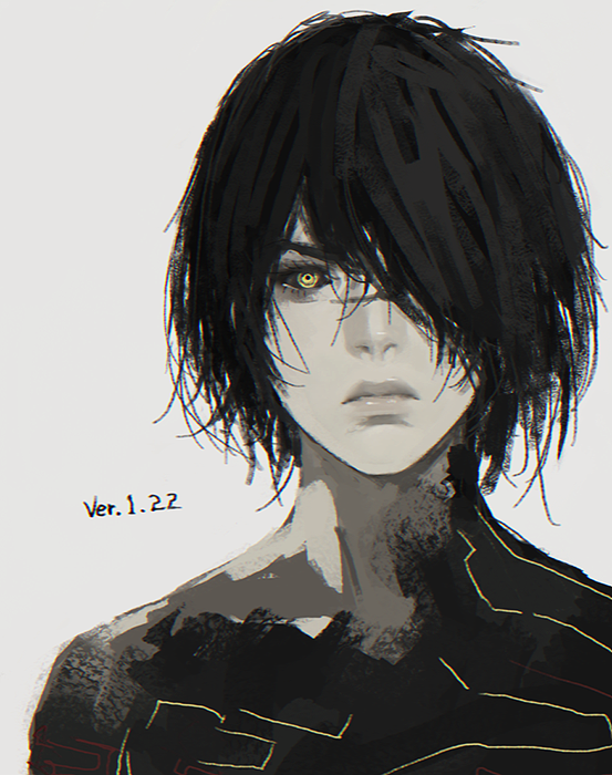 1boy, anniversary, black_hair, black_sclera, black_skin, closed_mouth, colored_sclera, colored_skin
